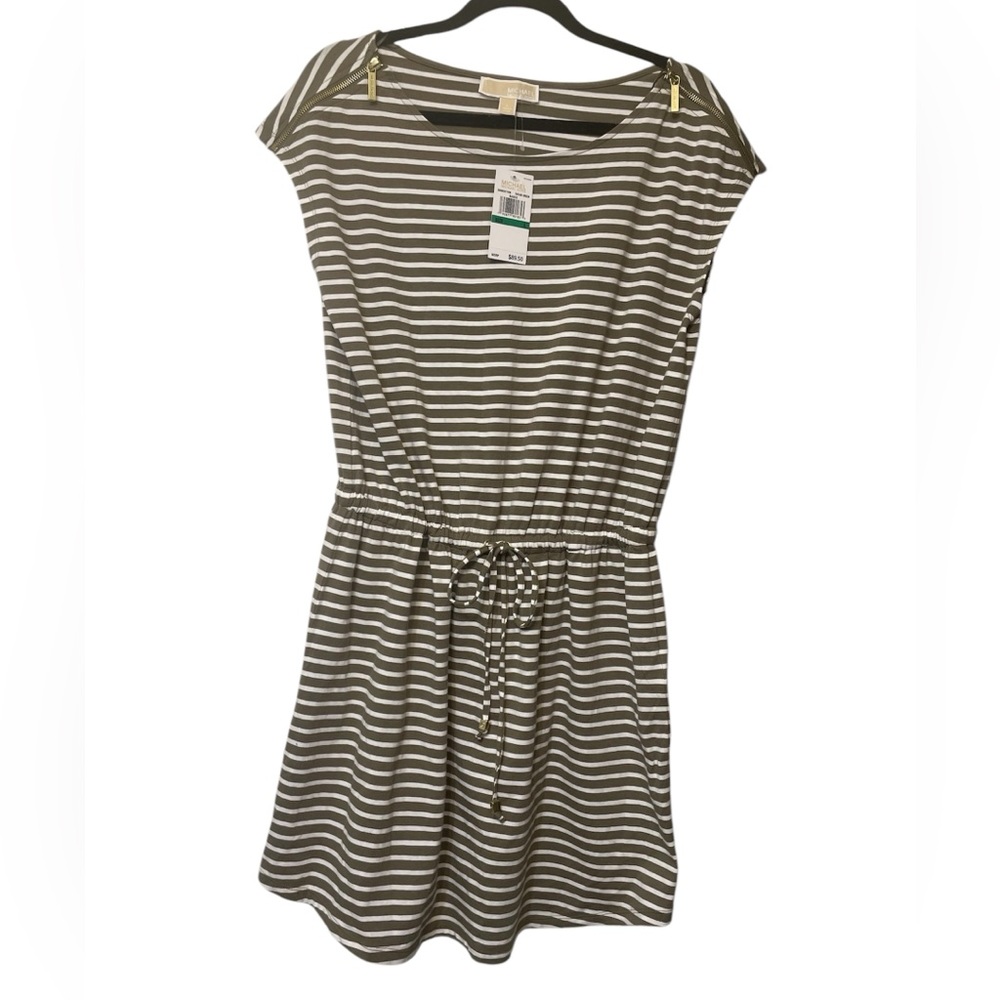 Michael Kors Women’s Dress Size Large Safari Green/White Stripes NWT cotton